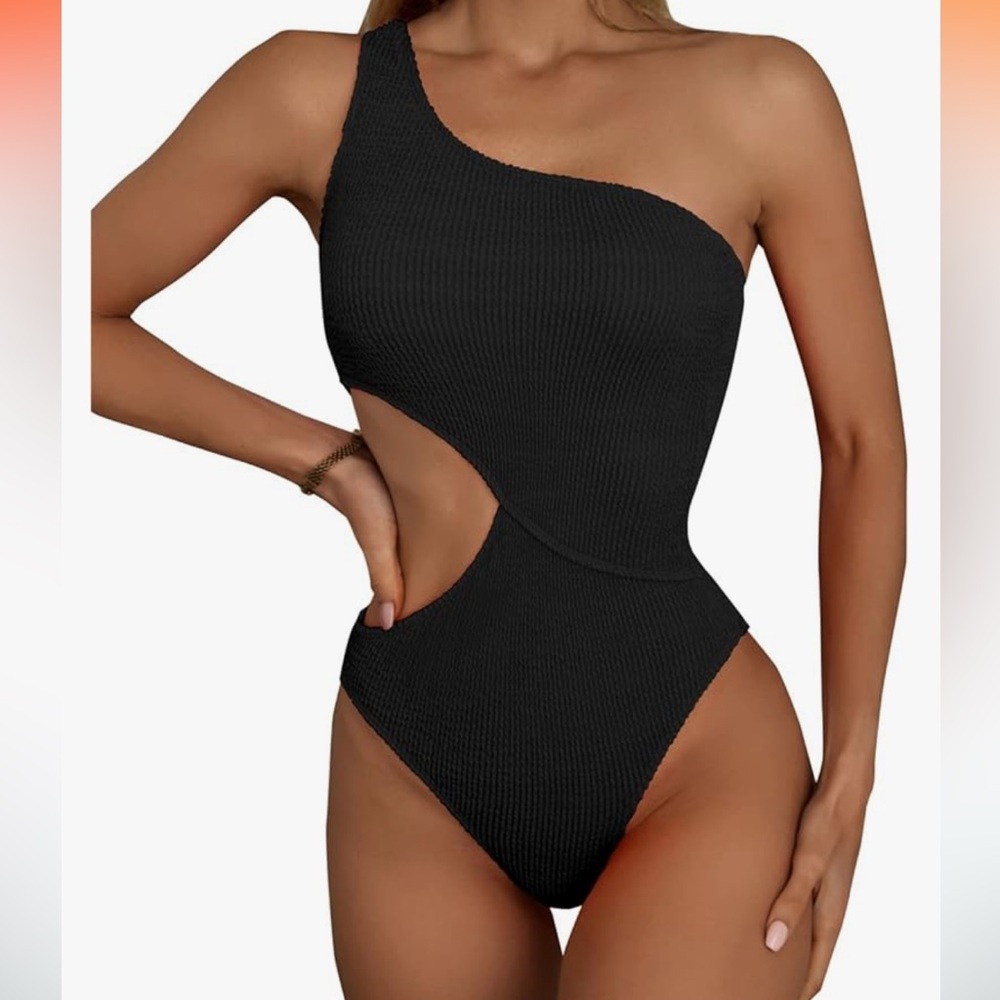 Black One Shoulder One Piece Swim Suit M